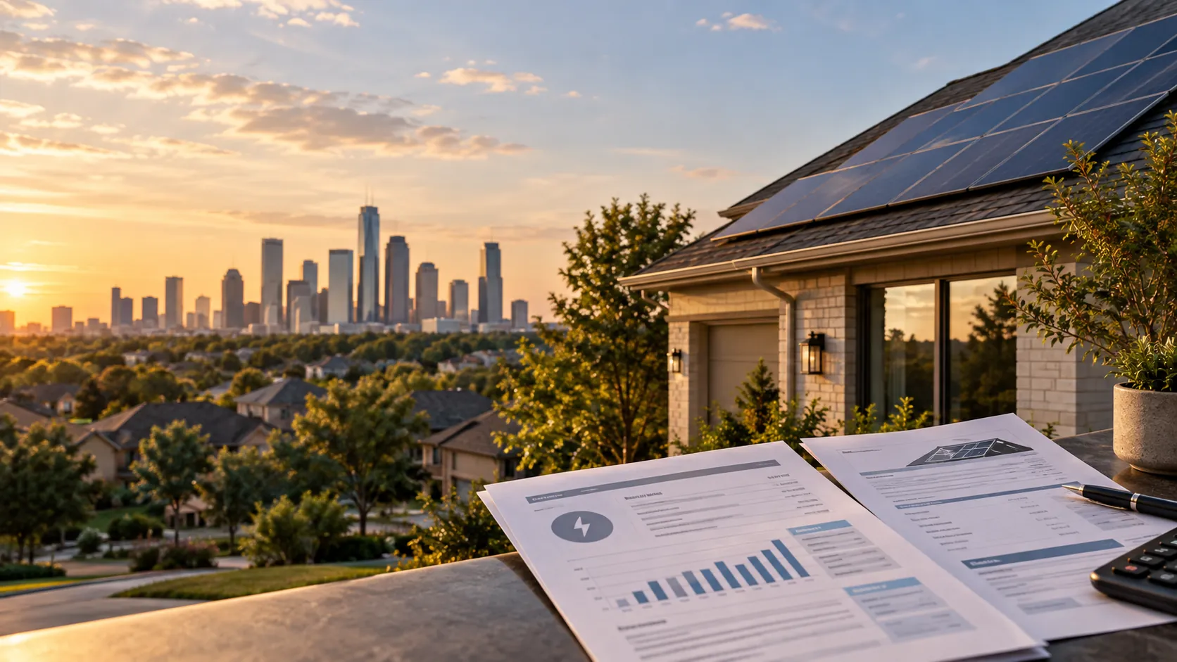 Houston skyline at sunset behind a home with rooftop solar panels, with solar financing and utility paperwork in the foreground