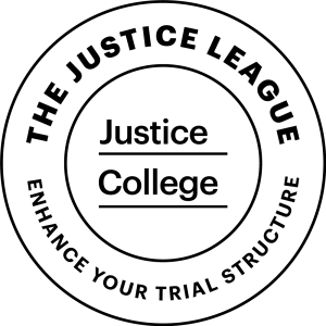 Justice College badge representing legal education and expertise