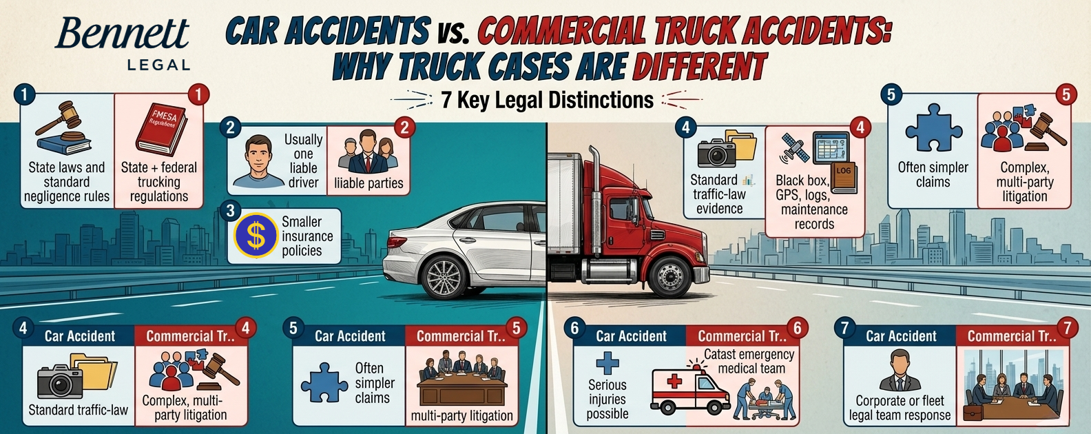 Car vs commercial truck accident legal differences