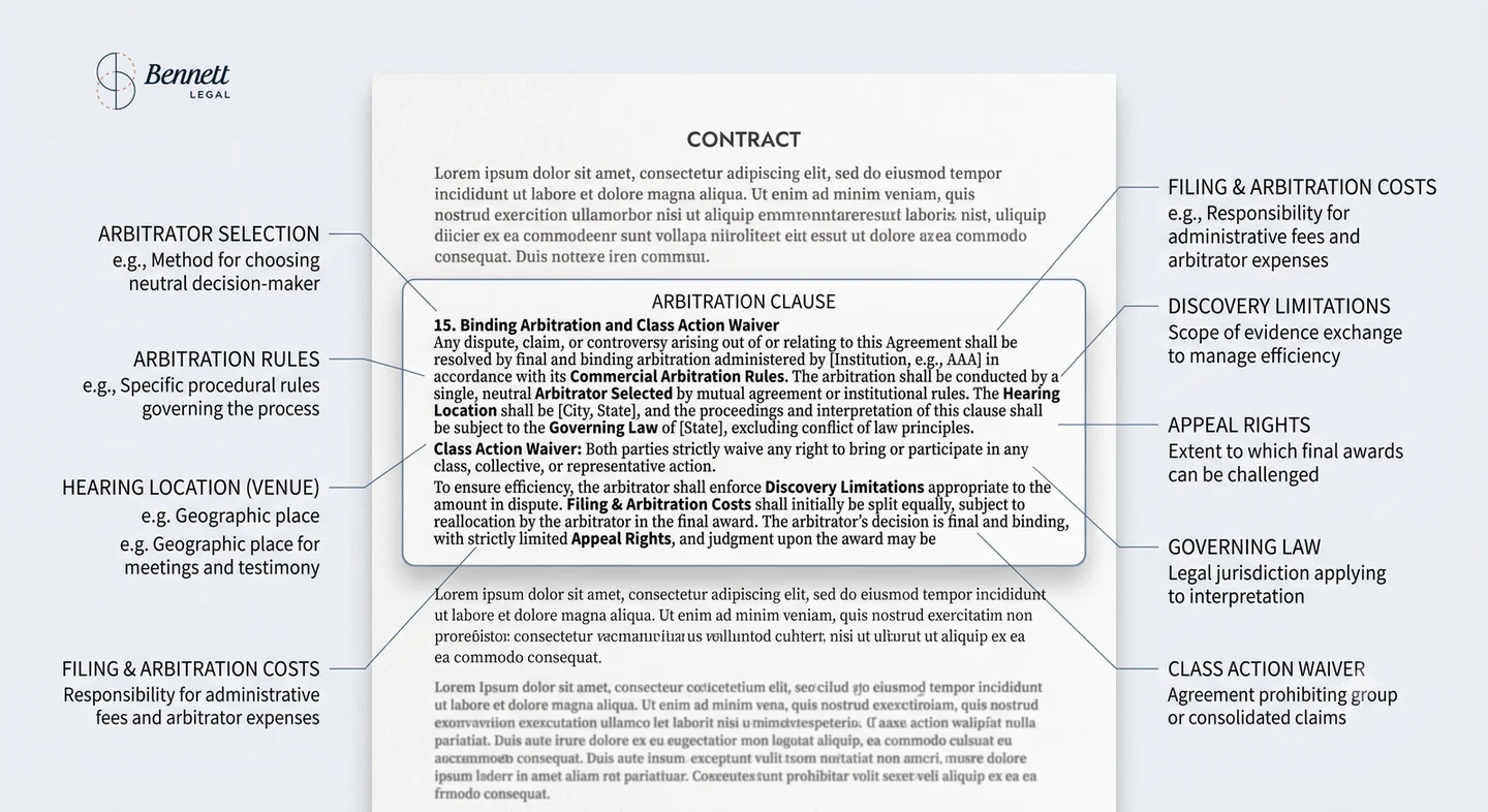 Infographic showing the anatomy of an arbitration clause with labeled sections explaining arbitrator selection, costs, venue, discovery limitations, governing law, and class action waivers.