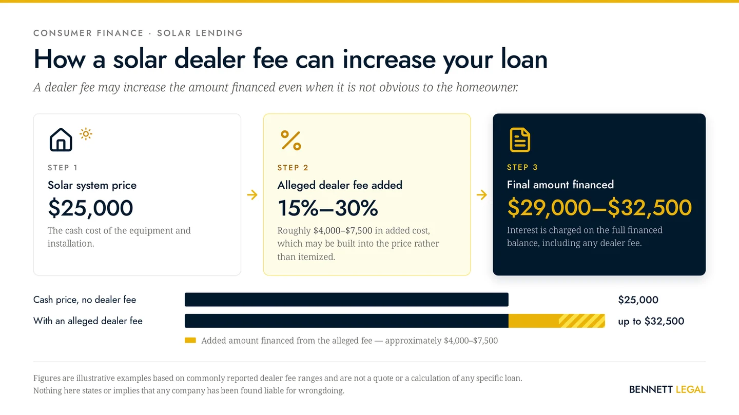 How a solar dealer fee can increase your loan: from a $25,000 system price to $29,000-$32,500 financed
