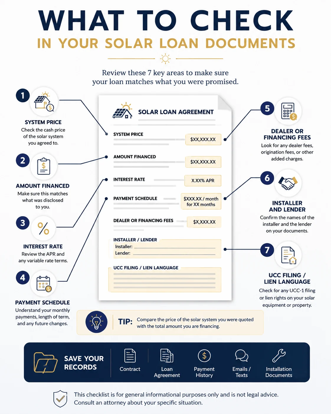 What to check in your solar loan documents: 7 key areas including system price, amount financed, interest rate, and dealer fees