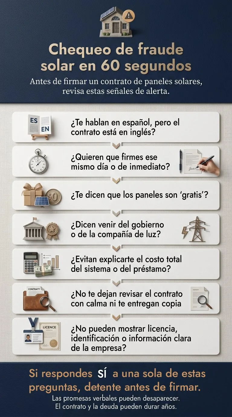 Infografía con siete preguntas para identificar una posible estafa de paneles solares puerta a puerta
