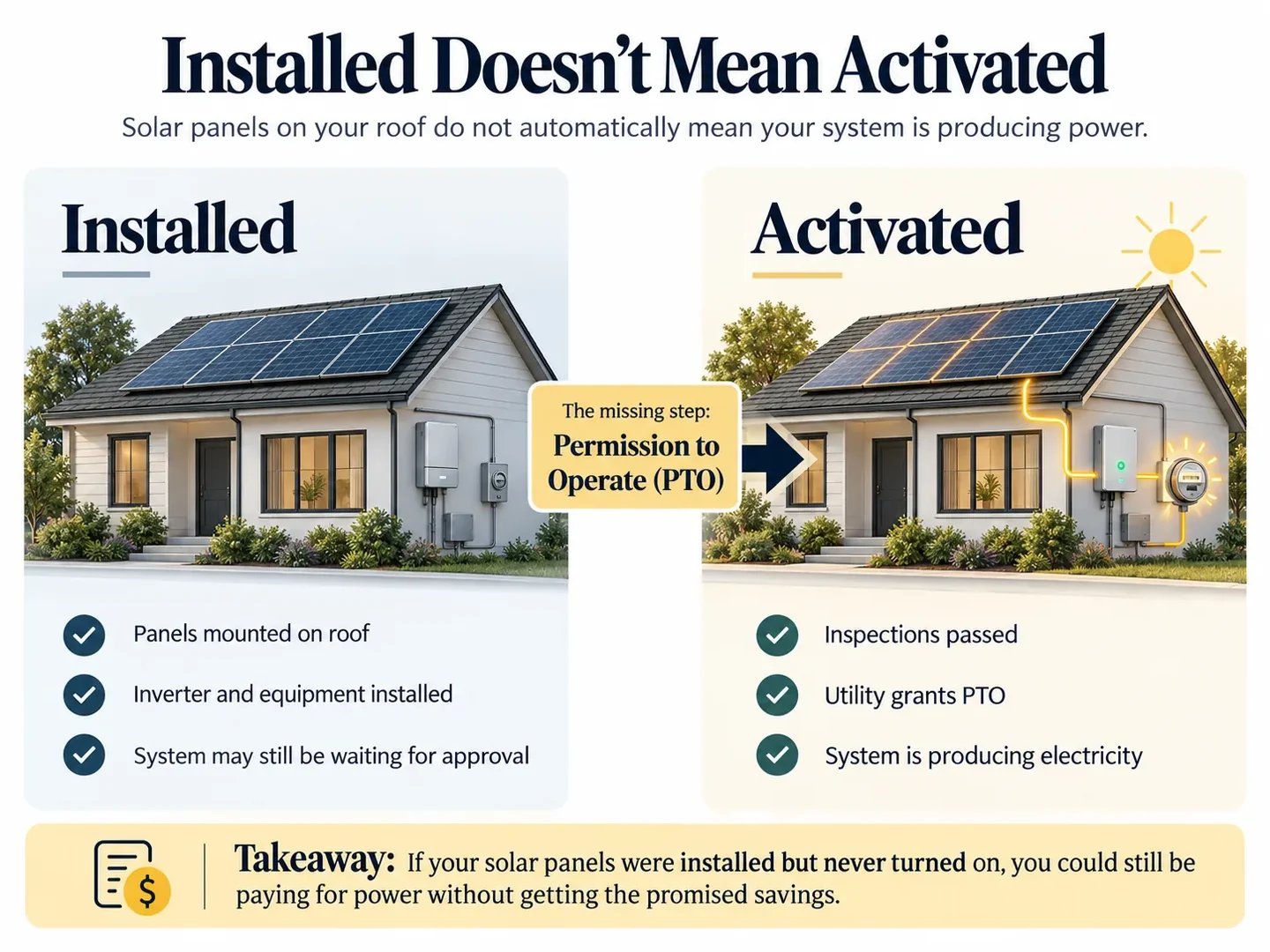 Installed doesn't mean activated: solar panels and equipment can be on the roof while the system still waits for inspections and the utility's Permission to Operate (PTO)