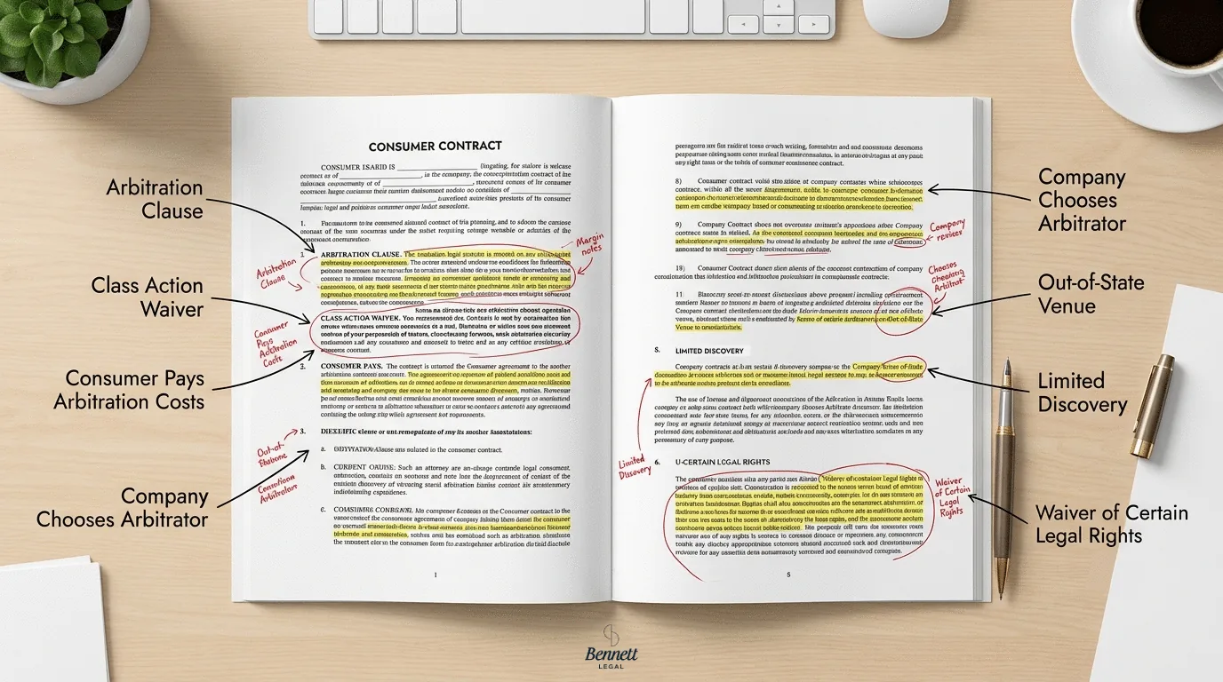 Legal contract with highlighted arbitration clauses and attorney-style annotations identifying unfair contract terms, including arbitration costs, class action waiver, and venue requirements.