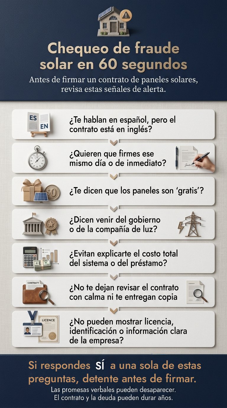 Infografía con siete preguntas para identificar una posible estafa de paneles solares puerta a puerta