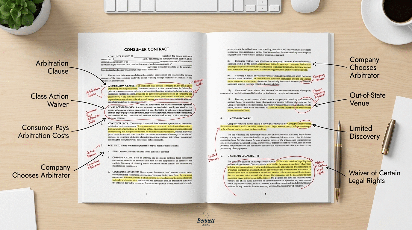 Legal contract with highlighted arbitration clauses and attorney-style annotations identifying unfair contract terms, including arbitration costs, class action waiver, and venue requirements.