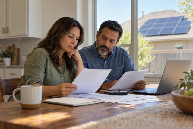 Homeowners reviewing solar financing paperwork at a table