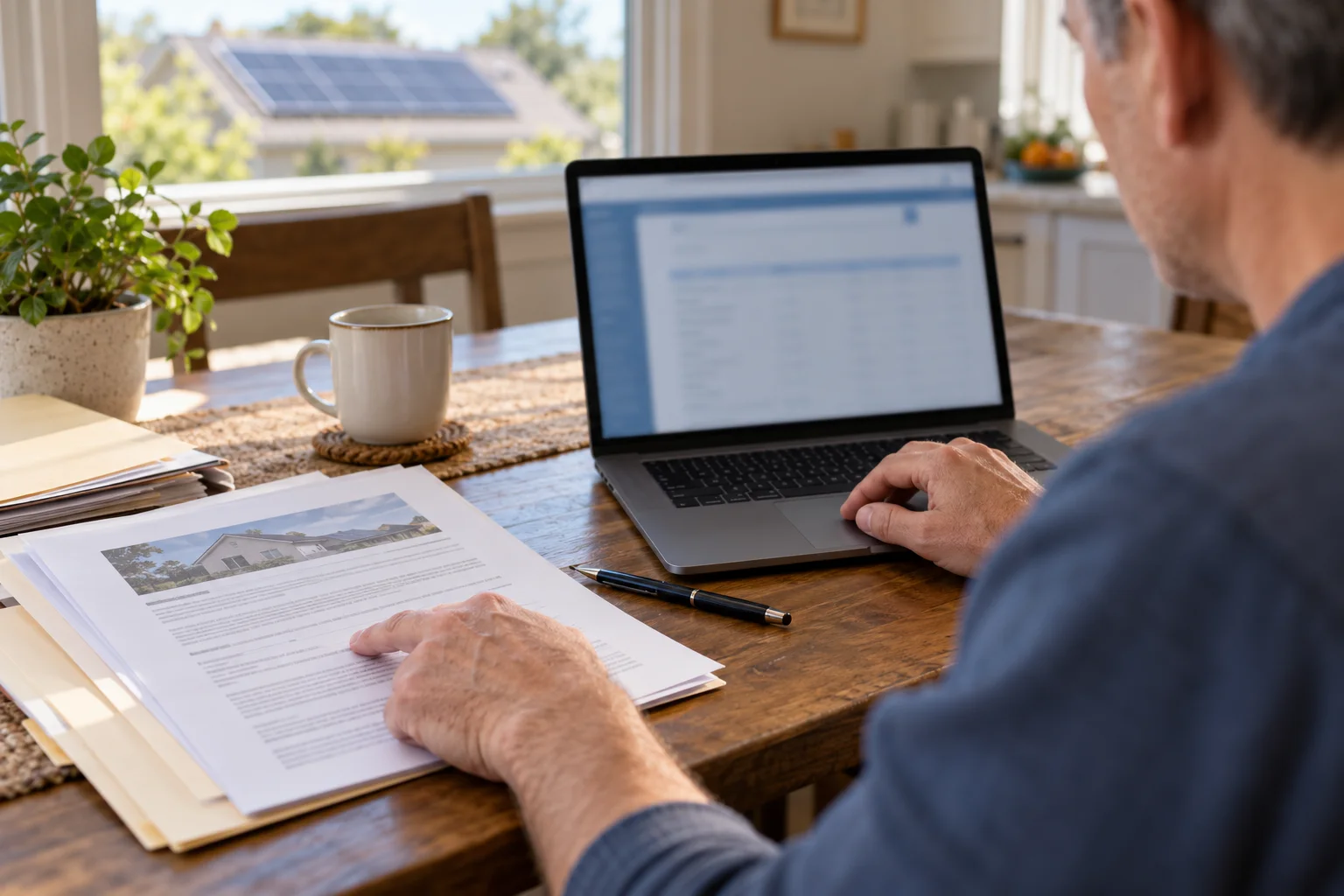 A homeowner reviewing solar contract paperwork beside a laptop.